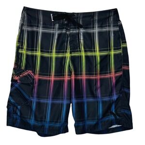 Hurley Board Shorts 10 " Swim Trunks Plaid Black Neon Pocket Drawstring‎ Size 30